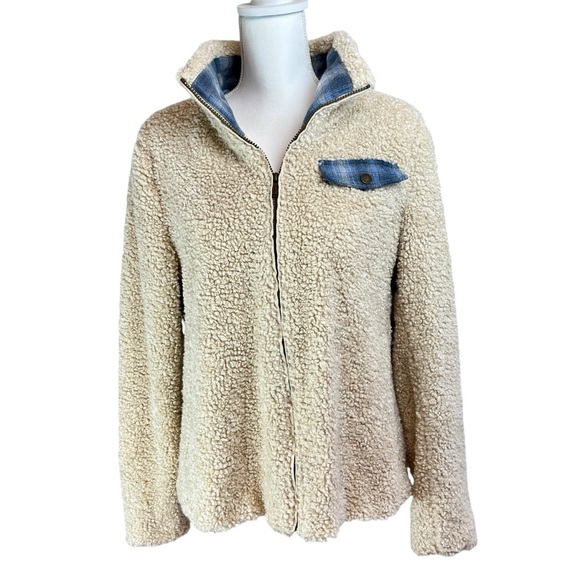 PENDLETON Ivory Fleece Full Zip Jacket Sz Large Wool Plaid‎ Lined Sherpa Coat - Picture 2 of 12